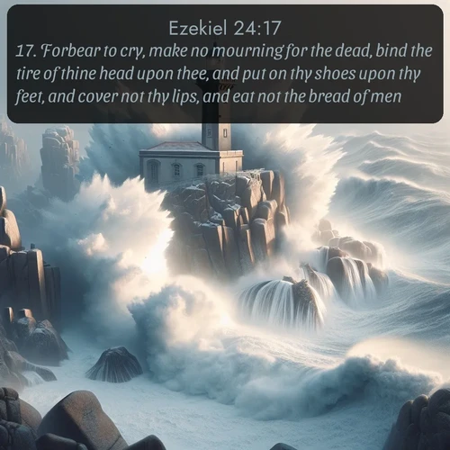 citation biblique : 17. Forbear to cry, make no mourning for the dead, bind the tire of thine head upon thee, and put on thy shoes upon thy feet, and cover not thy lips, and eat not the bread of men.
 sur fond image nature