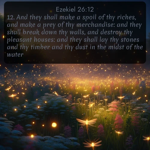 citation biblique : 12. And they shall make a spoil of thy riches, and make a prey of thy merchandise: and they shall break down thy walls, and destroy thy pleasant houses: and they shall lay thy stones and thy timber and thy dust in the midst of the water.
 sur fond image nature