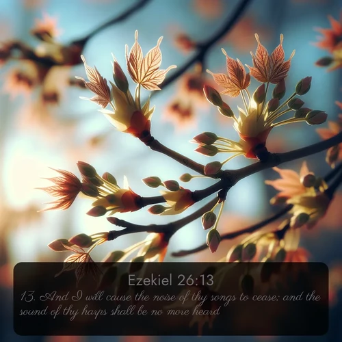 citation biblique : 13. And I will cause the noise of thy songs to cease; and the sound of thy harps shall be no more heard.
 sur fond image nature
