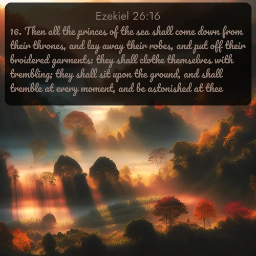 citation biblique : 16. Then all the princes of the sea shall come down from their thrones, and lay away their robes, and put off their broidered garments: they shall clothe themselves with trembling; they shall sit upon the ground, and shall tremble at every moment, and be astonished at thee.
 sur fond image nature
