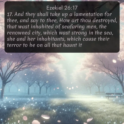 citation biblique : 17. And they shall take up a lamentation for thee, and say to thee, How art thou destroyed, that wast inhabited of seafaring men, the renowned city, which wast strong in the sea, she and her inhabitants, which cause their terror to be on all that haunt it!
 sur fond image nature