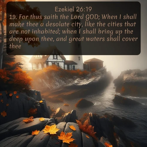 citation biblique : 19. For thus saith the Lord GOD; When I shall make thee a desolate city, like the cities that are not inhabited; when I shall bring up the deep upon thee, and great waters shall cover thee;
 sur fond image nature