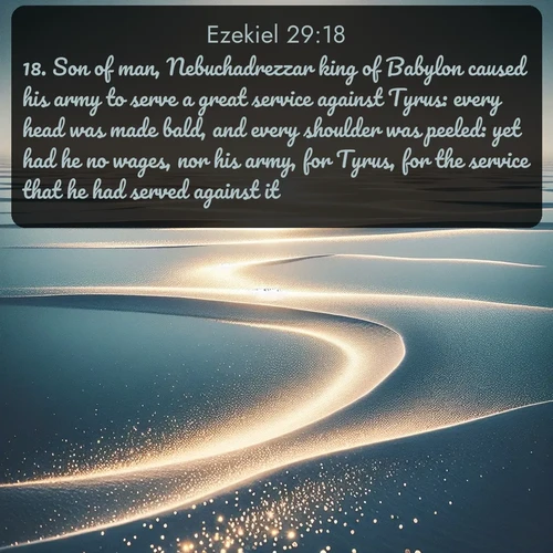 KJV Ezekiel  ; image nature: image with the bible verse :Son of man, Nebuchadrezzar king of Babylon caused his army to serve a great service against Tyrus: every head was made bald, and every shoulder was peeled: yet had he no wages, nor his army, for Tyrus, for the service that he had served against it: ; Browse an inspiring gallery of Bible verse images with nature photos, such as blooming gardens, golden deserts, and shaded forests. The chosen images capture the peaceful and joyful essence of God&#039;s creation, with vibrant colors and harmonious fonts. Share verses like KJV Ezekiel 29:18. Current verse is overlayed with the thematic nature scene : Summer heat waves ripple above salt flats stretching to the horizon. ; 29:18