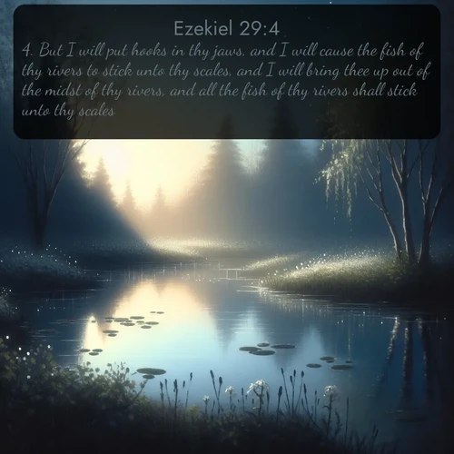 KJV Ezekiel  ; image nature: image with the bible verse :But I will put hooks in thy jaws, and I will cause the fish of thy rivers to stick unto thy scales, and I will bring thee up out of the midst of thy rivers, and all the fish of thy rivers shall stick unto thy scales. ; Explore a winter collection of Bible verse images adorned with photos of icy landscapes, frozen waterfalls, and snow-covered forests. These scenes capture divine tranquility and purity. Download inspiring verses like KJV Ezekiel 29:4. Current verse is overlayed with the thematic nature scene : Spring peepers call from a pond reflecting the first evening stars. ; 29:4
