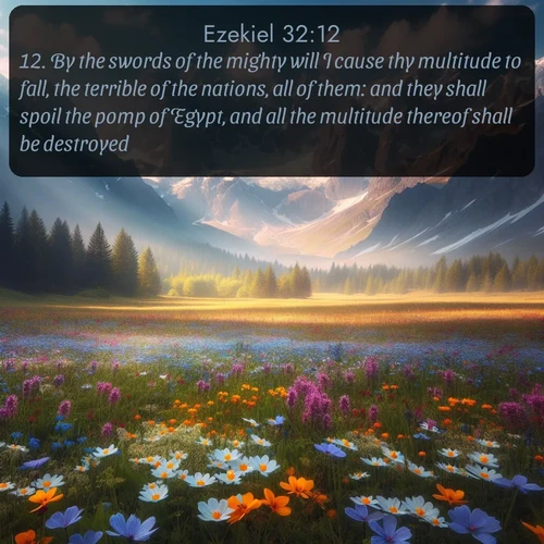 citation biblique : 12. By the swords of the mighty will I cause thy multitude to fall, the terrible of the nations, all of them: and they shall spoil the pomp of Egypt, and all the multitude thereof shall be destroyed.
 sur fond image nature