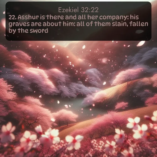 citation biblique : 22. Asshur is there and all her company: his graves are about him: all of them slain, fallen by the sword:
 sur fond image nature