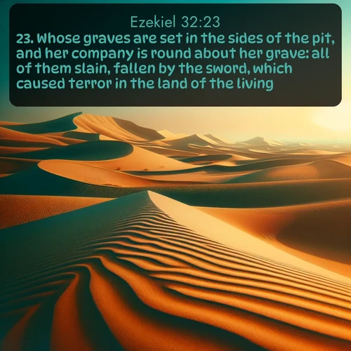 citation biblique : 23. Whose graves are set in the sides of the pit, and her company is round about her grave: all of them slain, fallen by the sword, which caused terror in the land of the living.
 sur fond image nature