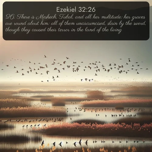 KJV Ezekiel  ; image nature: image with the bible verse :There is Meshech, Tubal, and all her multitude: her graves are round about him: all of them uncircumcised, slain by the sword, though they caused their terror in the land of the living. ; Admire stunning Bible verse images paired with photos of peaceful landscapes, such as foggy mornings, serene rivers, and blooming gardens. Download these free images and share verses like KJV Ezekiel 32:26. Current verse is overlayed with the thematic nature scene : Spring migration fills marshlands with calling birds. ; 32:26