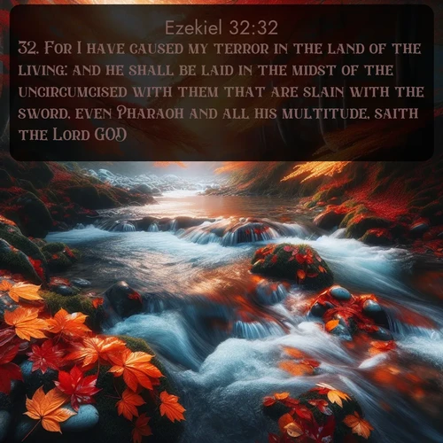 citation biblique : 32. For I have caused my terror in the land of the living: and he shall be laid in the midst of the uncircumcised with them that are slain with the sword, even Pharaoh and all his multitude, saith the Lord GOD.
 sur fond image nature