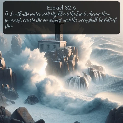 citation biblique : 6. I will also water with thy blood the land wherein thou swimmest, even to the mountains; and the rivers shall be full of thee.
 sur fond image nature