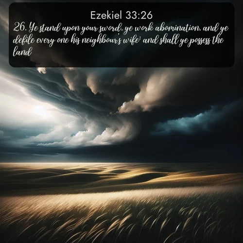 citation biblique : 26. Ye stand upon your sword, ye work abomination, and ye defile every one his neighbour&#039;s wife: and shall ye possess the land?
 sur fond image nature