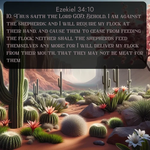 KJV Ezekiel  ; image nature: image with the bible verse :Thus saith the Lord GOD; Behold, I am against the shepherds; and I will require my flock at their hand, and cause them to cease from feeding the flock; neither shall the shepherds feed themselves any more; for I will deliver my flock from their mouth, that they may not be meat for them. ; Explore a unique collection of Bible verses illustrated by winter landscapes, such as snowy mountains, frosty forests, and starry skies. These images capture the peace and beauty of winter. Share verses like KJV Ezekiel 34:10. Current verse is overlayed with the thematic nature scene : Desert cacti burst with spring blooms against red sandstone formations. ; 34:10