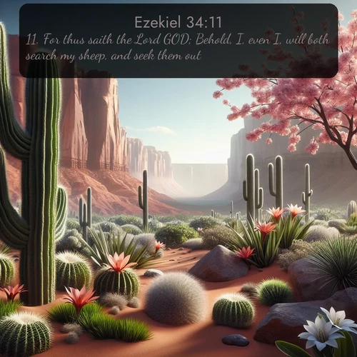 KJV Ezekiel  ; image nature: image with the bible verse :For thus saith the Lord GOD; Behold, I, even I, will both search my sheep, and seek them out. ; Discover Bible verse images capturing the warmth of summer, with beach landscapes, sunlit fields, and clear skies. These bright scenes reflect divine joy. Share verses like KJV Ezekiel 34:11. Current verse is overlayed with the thematic nature scene : Desert cacti burst with spring blooms against red sandstone formations. ; 34:11