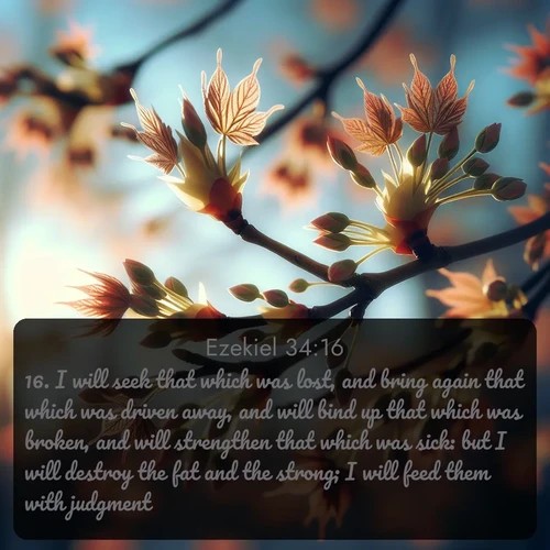 KJV Ezekiel  ; image nature: image with the bible verse :I will seek that which was lost, and bring again that which was driven away, and will bind up that which was broken, and will strengthen that which was sick: but I will destroy the fat and the strong; I will feed them with judgment. ; Discover Bible images capturing the essence of autumn, with wooded paths, golden fields, and swirling leaves. These scenes reflect the changing beauty of God&#039;s creation. Download verses like KJV Ezekiel 34:16. Current verse is overlayed with the thematic nature scene : Spring buds burst open on maple branches against a blue sky. ; 34:16