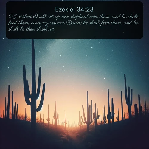 KJV Ezekiel  ; image nature: image with the bible verse :And I will set up one shepherd over them, and he shall feed them, even my servant David; he shall feed them, and he shall be their shepherd. ; Admire Bible images representing autumn, with swirling leaves, misty skies, and vibrant trees. These images inspire profound spiritual reflection. Download and share verses like KJV Ezekiel 34:23. Current verse is overlayed with the thematic nature scene : Desert stars shine brilliantly above towering saguaro silhouettes. ; 34:23