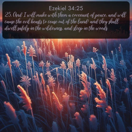 KJV Ezekiel  ; image nature: image with the bible verse :And I will make with them a covenant of peace, and will cause the evil beasts to cease out of the land: and they shall dwell safely in the wilderness, and sleep in the woods. ; Admire Bible verse images illustrated by summer photos, such as sunny beaches, sparkling waves, and swaying palm trees. These bright scenes highlight the joy and warmth of God&#039;s creation. Download and share verses like KJV Ezekiel 34:25. Current verse is overlayed with the thematic nature scene : Winter sunrise illuminates frost-covered prairie grass. ; 34:25