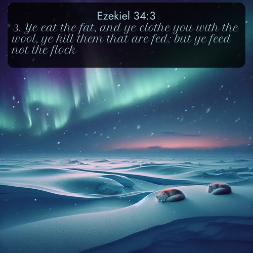 KJV Ezekiel  ; image nature: image with the bible verse :Ye eat the fat, and ye clothe you with the wool, ye kill them that are fed: but ye feed not the flock. ; Discover our unique collection of Bible verse images integrated with photos showcasing the majesty of nature, such as rocky mountains, ancient trees, and crystal-clear lakes. These images feature luminous colors and text in varied fonts, reflecting the harmony of God&#039;s creation. Download verses like KJV Ezekiel 34:3. Current verse is overlayed with the thematic nature scene : Northern lights dance across the frozen tundra in ribbons of green and purple. Snow falls silently on sleeping arctic foxes. ; 34:3