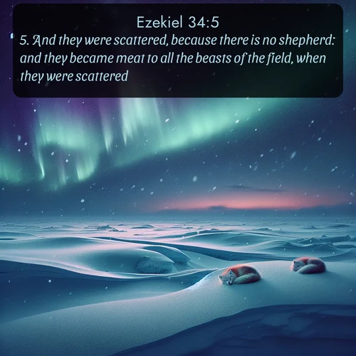 KJV Ezekiel  ; image nature: image with the bible verse :And they were scattered, because there is no shepherd: and they became meat to all the beasts of the field, when they were scattered. ; Browse a gallery of Bible verses paired with summer scenes, such as golden wheat fields, bright skies, and sunny beaches. These images convey the joy and warmth of God&#039;s creation. Download and share verses like KJV Ezekiel 34:5. Current verse is overlayed with the thematic nature scene : Northern lights dance across the frozen tundra in ribbons of green and purple. Snow falls silently on sleeping arctic foxes. ; 34:5