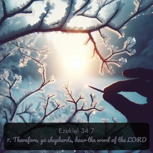 KJV Ezekiel  ; image nature: image with the bible verse :Therefore, ye shepherds, hear the word of the LORD; ; Browse our selection of stunning Bible verse images featuring unique natural scenes like fiery autumn forests, serene meadows, and starlit skies. Download and share verses like KJV Ezekiel 34:7 for free. Current verse is overlayed with the thematic nature scene : Winter sunrise glows through ice-coated branches. ; 34:7