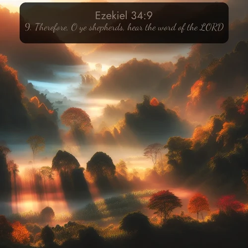 KJV Ezekiel  ; image nature: image with the bible verse :Therefore, O ye shepherds, hear the word of the LORD; ; Admire our autumnal collection of Bible verse images accompanied by photos of paths lined with red and yellow leaves, fiery forests, and calm rivers. These images inspire reflection and serenity. Share verses like KJV Ezekiel 34:9. Current verse is overlayed with the thematic nature scene : Autumn mist rises from warming morning valleys. ; 34:9