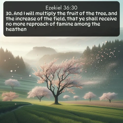 citation biblique : 30. And I will multiply the fruit of the tree, and the increase of the field, that ye shall receive no more reproach of famine among the heathen.
 sur fond image nature