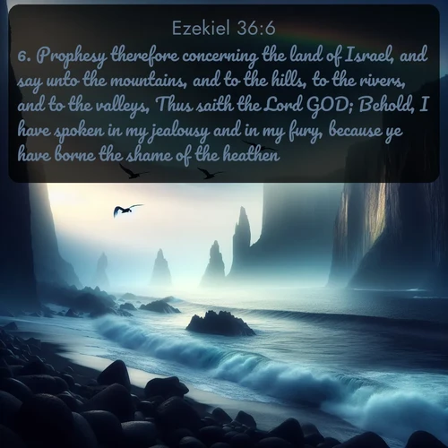 citation biblique : 6. Prophesy therefore concerning the land of Israel, and say unto the mountains, and to the hills, to the rivers, and to the valleys, Thus saith the Lord GOD; Behold, I have spoken in my jealousy and in my fury, because ye have borne the shame of the heathen:
 sur fond image nature