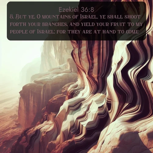 KJV Ezekiel  ; image nature: image with the bible verse :But ye, O mountains of Israel, ye shall shoot forth your branches, and yield your fruit to my people of Israel; for they are at hand to come. ; Dive into our collection of Bible verse images beautifully illustrated with beach photos, featuring gentle waves, sunsets over the sea, and sandy shores. These scenes evoke the peace and majesty of God. Download and share inspiring verses like KJV Ezekiel 36:8. Current verse is overlayed with the thematic nature scene : Desert varnish stains cliff faces in abstract patterns. ; 36:8