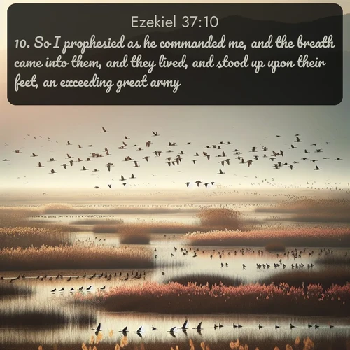citation biblique : 10. So I prophesied as he commanded me, and the breath came into them, and they lived, and stood up upon their feet, an exceeding great army.
 sur fond image nature