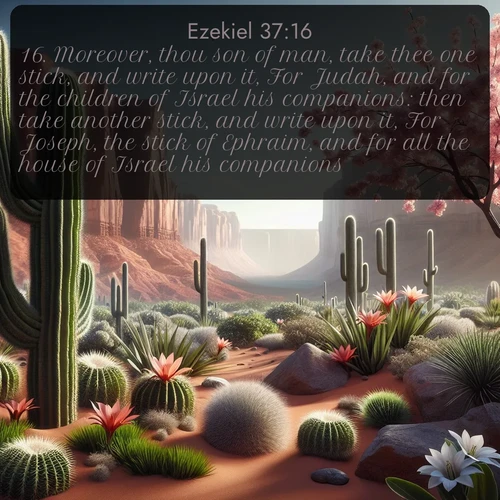 KJV Ezekiel  ; image nature: image with the bible verse :Moreover, thou son of man, take thee one stick, and write upon it, For Judah, and for the children of Israel his companions: then take another stick, and write upon it, For Joseph, the stick of Ephraim, and for all the house of Israel his companions: ; Discover a rich selection of Bible verse images illustrated by natural landscapes like tranquil beaches, golden fields, and majestic trees. These images aim to capture the peace and beauty of God&#039;s creation, with vibrant colors and varied typography. Download and share inspiring verses like KJV Ezekiel 37:16. Current verse is overlayed with the thematic nature scene : Desert cacti burst with spring blooms against red sandstone formations. ; 37:16