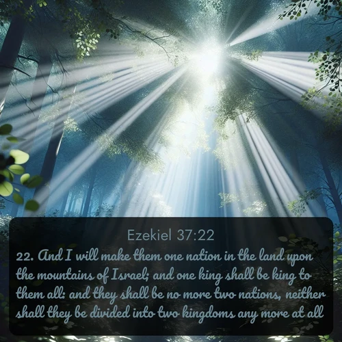 citation biblique : 22. And I will make them one nation in the land upon the mountains of Israel; and one king shall be king to them all: and they shall be no more two nations, neither shall they be divided into two kingdoms any more at all:
 sur fond image nature