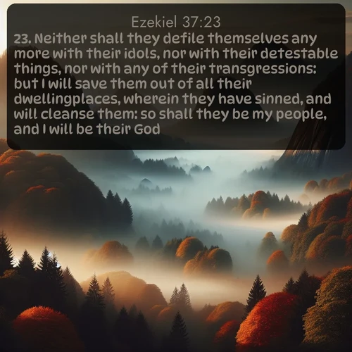 citation biblique : 23. Neither shall they defile themselves any more with their idols, nor with their detestable things, nor with any of their transgressions: but I will save them out of all their dwellingplaces, wherein they have sinned, and will cleanse them: so shall they be my people, and I will be their God.
 sur fond image nature