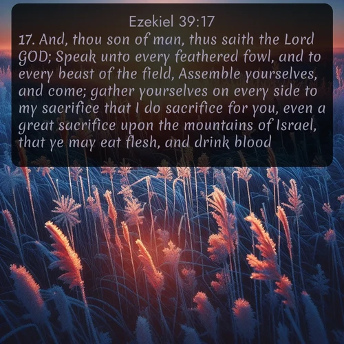 citation biblique : 17. And, thou son of man, thus saith the Lord GOD; Speak unto every feathered fowl, and to every beast of the field, Assemble yourselves, and come; gather yourselves on every side to my sacrifice that I do sacrifice for you, even a great sacrifice upon the mountains of Israel, that ye may eat flesh, and drink blood.
 sur fond image nature