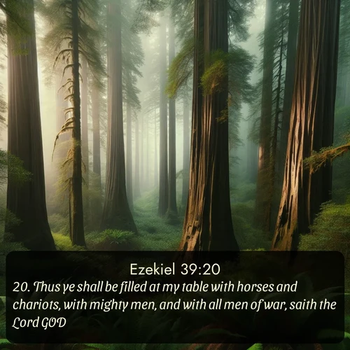 KJV Ezekiel  ; image nature: image with the bible verse :Thus ye shall be filled at my table with horses and chariots, with mighty men, and with all men of war, saith the Lord GOD. ; Admire Bible verse images illustrated by desert scenes, such as sunsets over dunes, majestic rocks, and solitary cacti. These images capture the majesty of God in arid places. Download and share verses like KJV Ezekiel 39:20. Current verse is overlayed with the thematic nature scene : Coastal redwoods disappear into the fog high above a fern grove. ; 39:20