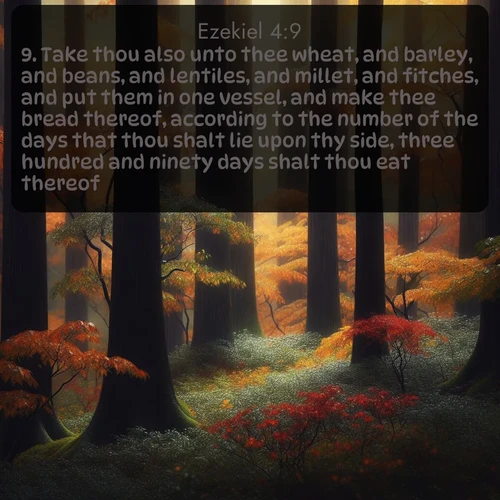 citation biblique : 9. Take thou also unto thee wheat, and barley, and beans, and lentiles, and millet, and fitches, and put them in one vessel, and make thee bread thereof, according to the number of the days that thou shalt lie upon thy side, three hundred and ninety days shalt thou eat thereof.
 sur fond image nature