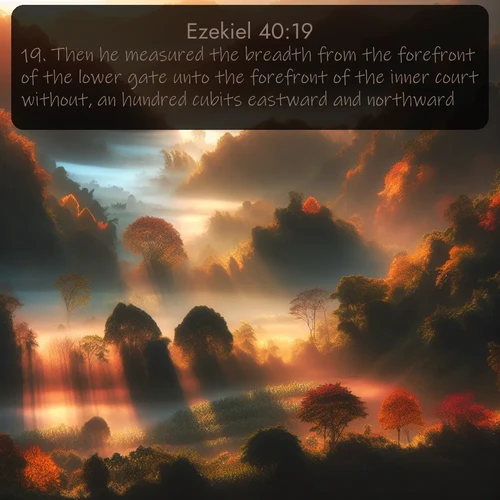 KJV Ezekiel  ; image nature: image with the bible verse :Then he measured the breadth from the forefront of the lower gate unto the forefront of the inner court without, an hundred cubits eastward and northward. ; Discover tranquil Bible verse images enhanced with natural scenery like rippling brooks, snow-covered fields, and sunlit beaches. These free images are perfect for wallpapers or spiritual reflection. Share KJV Ezekiel 40:19. Current verse is overlayed with the thematic nature scene : Autumn mist rises from warming morning valleys. ; 40:19