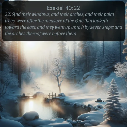 KJV Ezekiel  ; image nature: image with the bible verse :And their windows, and their arches, and their palm trees, were after the measure of the gate that looketh toward the east; and they went up unto it by seven steps; and the arches thereof were before them. ; Discover breathtaking Bible verse images combined with vibrant landscapes like rolling hills, blooming gardens, and starry nights. Use them as wallpapers or to inspire others. Download verses like KJV Ezekiel 40:22. Current verse is overlayed with the thematic nature scene : Morning mist rises from a hot spring in a snow-covered forest. ; 40:22