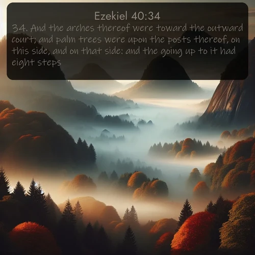 citation biblique : 34. And the arches thereof were toward the outward court; and palm trees were upon the posts thereof, on this side, and on that side: and the going up to it had eight steps.
 sur fond image nature