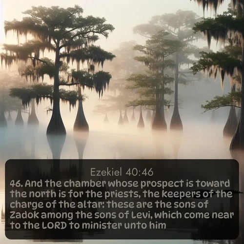 KJV Ezekiel  ; image nature: image with the bible verse :And the chamber whose prospect is toward the north is for the priests, the keepers of the charge of the altar: these are the sons of Zadok among the sons of Levi, which come near to the LORD to minister unto him. ; Explore a collection of Bible verses paired with springtime scenes, featuring blooming flowers, lush meadows, and trees in full bloom. These images symbolize divine renewal and hope. Download inspiring verses like KJV Ezekiel 40:46. Current verse is overlayed with the thematic nature scene : Morning fog clings to gnarled cypress trees in the swamp. An alligator glides silently through the dark water. ; 40:46