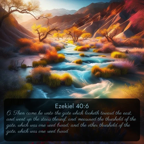 citation biblique : 6. Then came he unto the gate which looketh toward the east, and went up the stairs thereof, and measured the threshold of the gate, which was one reed broad; and the other threshold of the gate, which was one reed broad.
 sur fond image nature