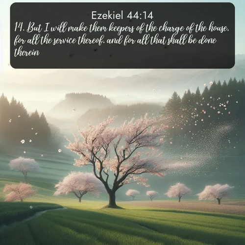 citation biblique : 14. But I will make them keepers of the charge of the house, for all the service thereof, and for all that shall be done therein.
 sur fond image nature