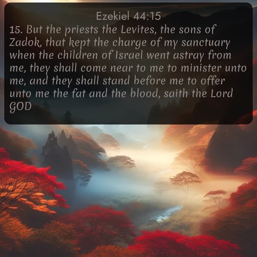 citation biblique : 15. But the priests the Levites, the sons of Zadok, that kept the charge of my sanctuary when the children of Israel went astray from me, they shall come near to me to minister unto me, and they shall stand before me to offer unto me the fat and the blood, saith the Lord GOD:
 sur fond image nature