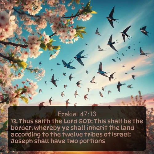 citation biblique : 13. Thus saith the Lord GOD; This shall be the border, whereby ye shall inherit the land according to the twelve tribes of Israel: Joseph shall have two portions.
 sur fond image nature