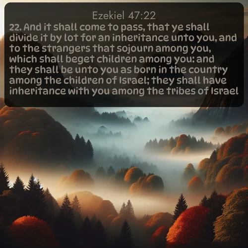 citation biblique : 22. And it shall come to pass, that ye shall divide it by lot for an inheritance unto you, and to the strangers that sojourn among you, which shall beget children among you: and they shall be unto you as born in the country among the children of Israel; they shall have inheritance with you among the tribes of Israel.
 sur fond image nature