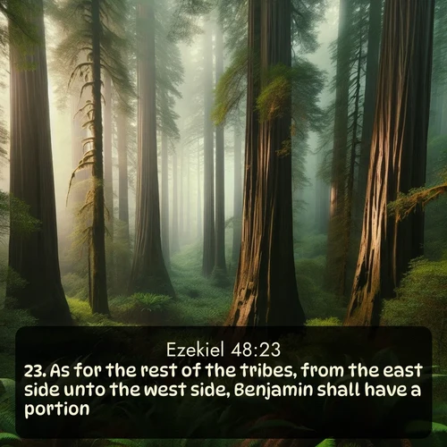 KJV Ezekiel 48:23 overlaying nature image scene: Coastal redwoods disappear into the fog high above a fern grove.;23. As for the rest of the tribes, from the east side unto the west side, Benjamin shall have a portion.
