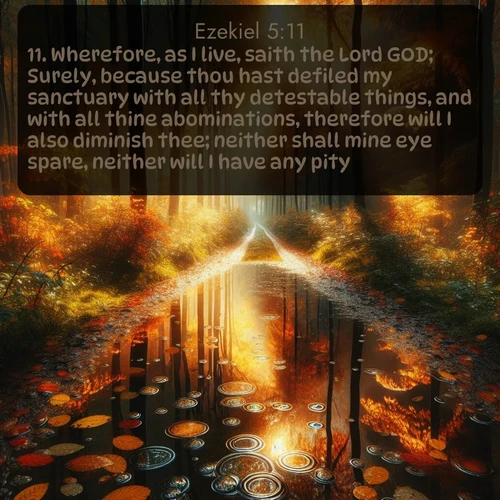 KJV Ezekiel  ; image nature: image with the bible verse :Wherefore, as I live, saith the Lord GOD; Surely, because thou hast defiled my sanctuary with all thy detestable things, and with all thine abominations, therefore will I also diminish thee; neither shall mine eye spare, neither will I have any pity. ; Admire our free collection of Bible verse images with beautiful landscapes like sunlit forests, rippling waters, and radiant dawns. Each verse, such as KJV Ezekiel 5:11, is ready to download and share. Current verse is overlayed with the thematic nature scene : Autumn colors reflect in rain puddles on a forest path. ; 5:11