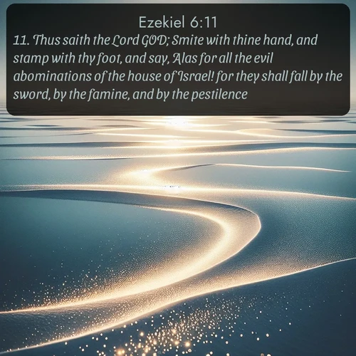 KJV Ezekiel  ; image nature: image with the bible verse :Thus saith the Lord GOD; Smite with thine hand, and stamp with thy foot, and say, Alas for all the evil abominations of the house of Israel! for they shall fall by the sword, by the famine, and by the pestilence. ; Explore beautiful Bible verse images paired with serene natural settings, such as calm seas, snowy paths, and verdant hills. Each image is free to download for your spiritual inspiration. Share KJV Ezekiel 6:11. Current verse is overlayed with the thematic nature scene : Summer heat waves ripple above salt flats stretching to the horizon. ; 6:11
