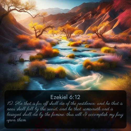 KJV Ezekiel  ; image nature: image with the bible verse :He that is far off shall die of the pestilence; and he that is near shall fall by the sword; and he that remaineth and is besieged shall die by the famine: thus will I accomplish my fury upon them. ; Discover tranquil Bible verse images enhanced with natural scenery like rippling brooks, snow-covered fields, and sunlit beaches. These free images are perfect for wallpapers or spiritual reflection. Share KJV Ezekiel 6:12. Current verse is overlayed with the thematic nature scene : Spring floods transform desert arroyos into rushing streams. ; 6:12