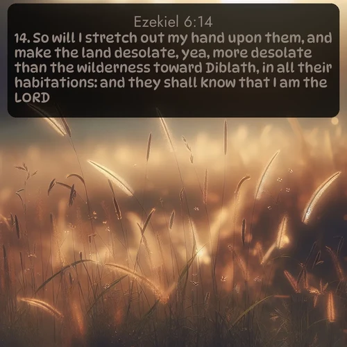 KJV Ezekiel  ; image nature: image with the bible verse :So will I stretch out my hand upon them, and make the land desolate, yea, more desolate than the wilderness toward Diblath, in all their habitations: and they shall know that I am the LORD. ; Explore serene Bible verse images adorned with photos of divine creation—tranquil beaches, snowy mountains, and starry skies. Each image is free to download and share. Verses include KJV Ezekiel 6:14. Current verse is overlayed with the thematic nature scene : Summer heat brings out cricket songs in meadow grass. ; 6:14