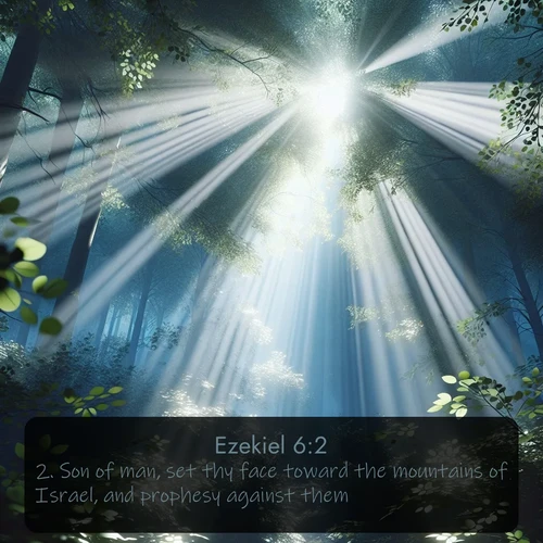 KJV Ezekiel  ; image nature: image with the bible verse :Son of man, set thy face toward the mountains of Israel, and prophesy against them, ; Explore a stunning collection of Bible verse images featuring picturesque scenery like sun-drenched meadows, tranquil lakes, and majestic forests. All images are free to download and share. Verses include KJV Ezekiel 6:2. Current verse is overlayed with the thematic nature scene : Summer light filters through forest canopy like stained glass. ; 6:2