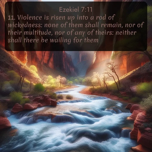citation biblique : 11. Violence is risen up into a rod of wickedness: none of them shall remain, nor of their multitude, nor of any of theirs: neither shall there be wailing for them.
 sur fond image nature